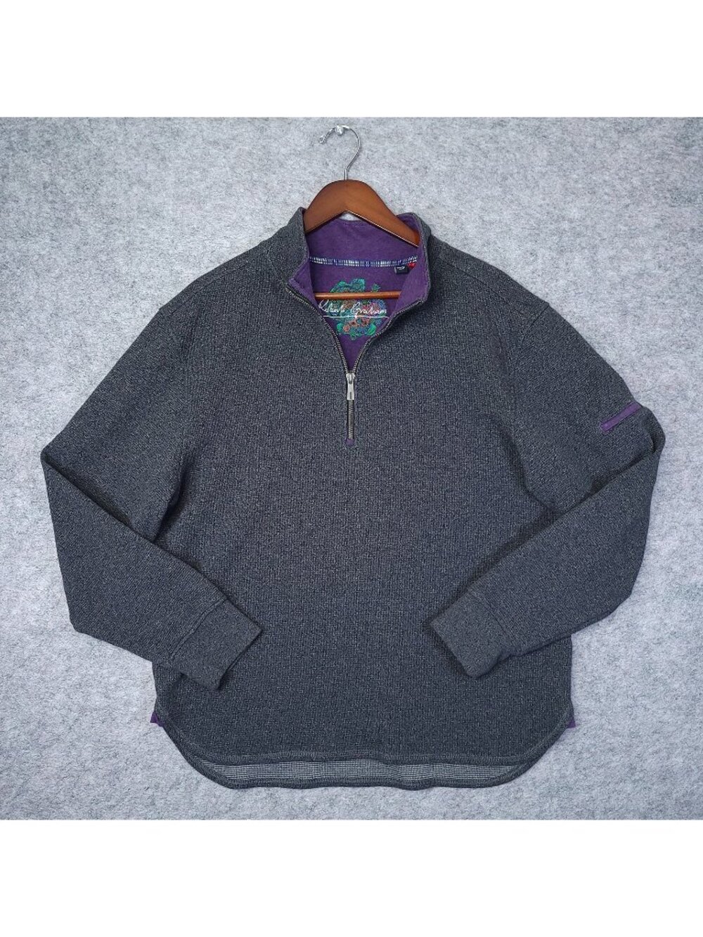 Robert Graham Quarter Zip Pullover Mens XL Gray Purple Waffle Knit Mock Neck